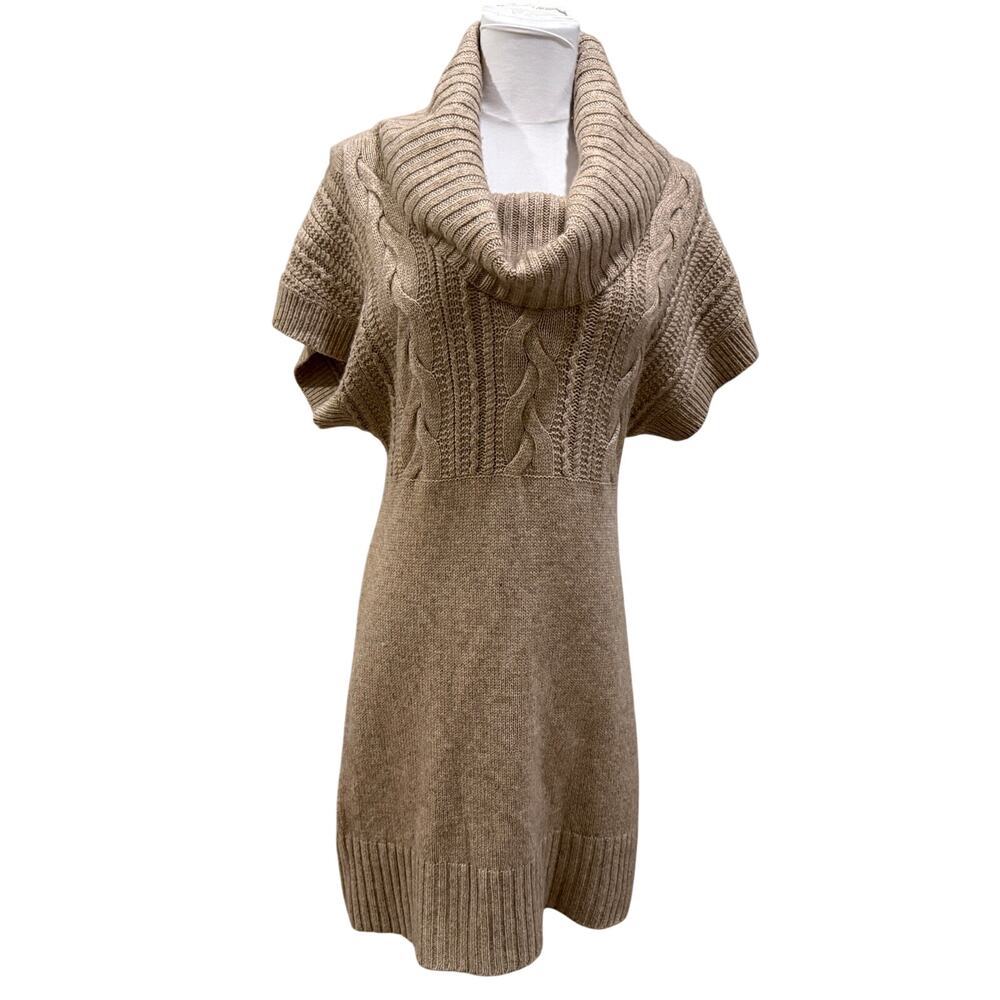 Banana Republic Lambswool Cashmere Cable Knit Sweater Dress M Cowl Neck Beige